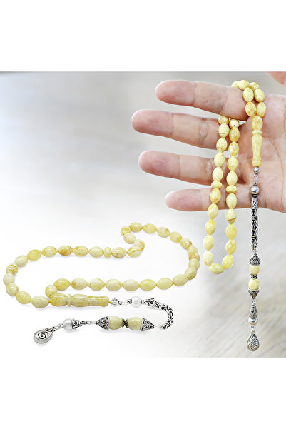 Tesbihane Damla Kehribar Tesbih - 925 Ayar Gümüş Kral Püsküllü - King Seccer - Arpa Kesim - Premium Kutulu