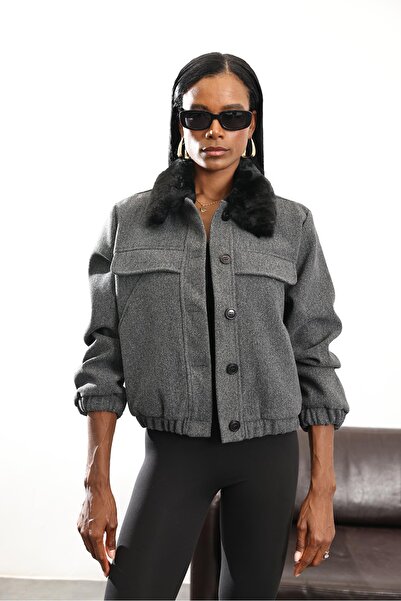 5in1Canpolat Anthracite Fur Collar Bomber Jacket D99709