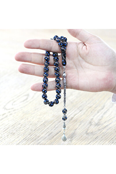 Tesbihane Erzurum Oltu Taşı Tesbih - 925 Ayar Kral Zincir Püsküllü - Gümüş Firuze İşlemeli - Küre Kesim