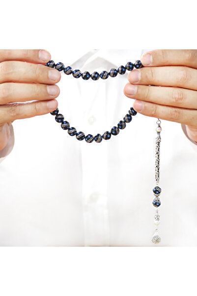 Tesbihane Erzurum Oltu Taşı Tesbih - 925 Ayar Kral Zincir Püsküllü - Gümüş Firuze İşlemeli - Küre Kesim