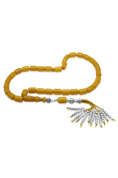 Tesbihane Stick Crimped Amber Prayer Beads - Ottoman Palace Tassels - Yellow Color - Capsule Cut