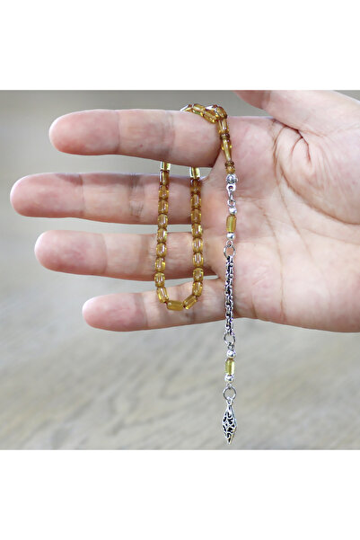 Tesbihane Fire Amber Prayer Beads - Non-Tarnishing Metal with Albanian Tassels - Wrist Length - Linden Yellow - Capsule Cut