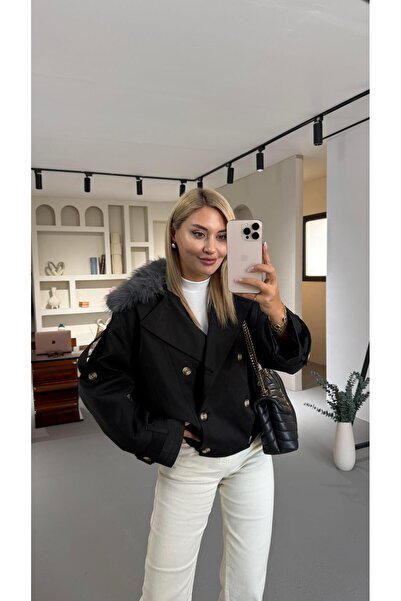 Sezgi Tekin Yaka Kürklü Kemik Düğme Detay Siyah Trenç