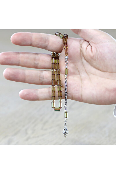 Tesbihane سبحة العنبر الناري - معدن لا يسود مع شراشيب ألبانية - بطول المعصم - أصفر اللون - قطع يدوي