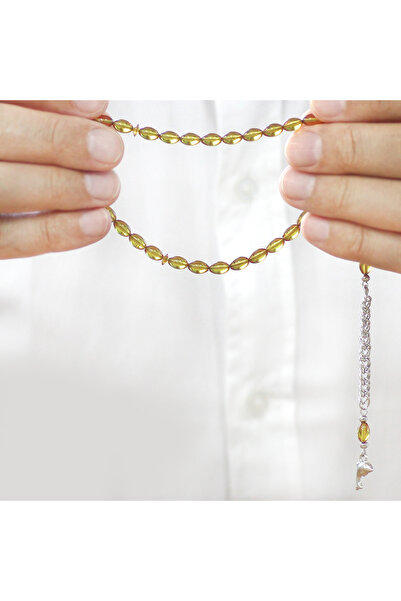 Tesbihane Fire Amber Prayer Beads - Non-Tarnish Metal Tassel - Wrist Length - Yellow Color - Barley Cut