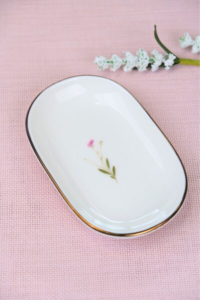 tabakevi Tabak Evi Porcelain Natura Broadcloth Gold Gilded Oval Boat-Shaped Plate 14X9X2.50Cm Single