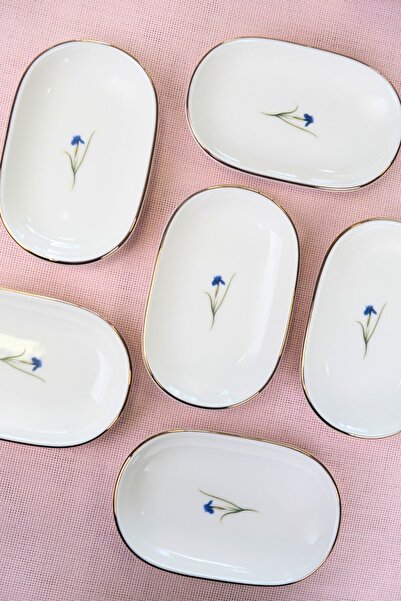 tabakevi Tabak Evi Porcelain Natura Iris Gold Gilded Oval Boat-Shaped Tray 14X9X2.50Cm 6 Li