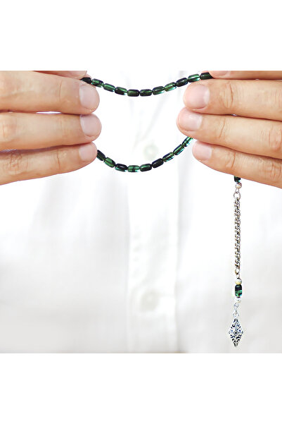 Tesbihane Non-Tarnish Metal Albanian Tassel Capsule Cut Green Black Ankle Length Fire Amber Prayer Beads