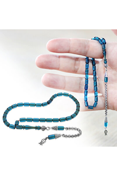 Tesbihane Fire Amber Prayer Beads - Non-Tarnish Metal Tassel - Wrist Length - Blue Color - Capsule Cut