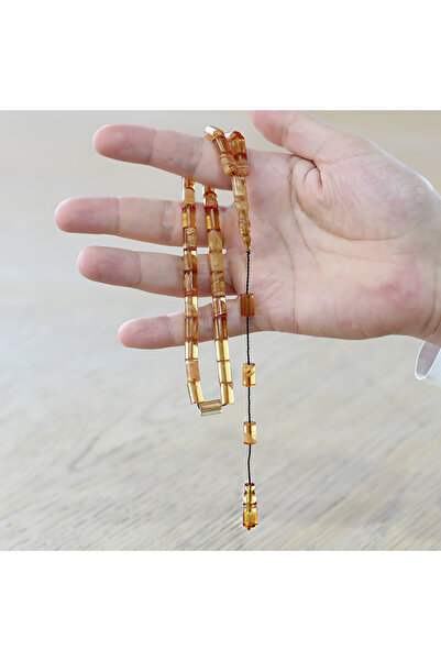 Tesbihane Fire Amber Prayer Beads - Systematic - Yellow and White Marbled - Cut Cut