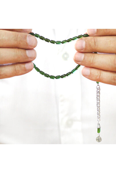 Tesbihane Fire Amber Prayer Beads - Non-Tarnish Metal Tassel - Wrist Length - Green Color - Capsule Cut