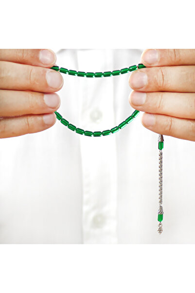 Tesbihane Non-Tarnish Metal Albanian Chain Tassel Capsule Cut Green Wrist Length Fire Amber Prayer Beads
