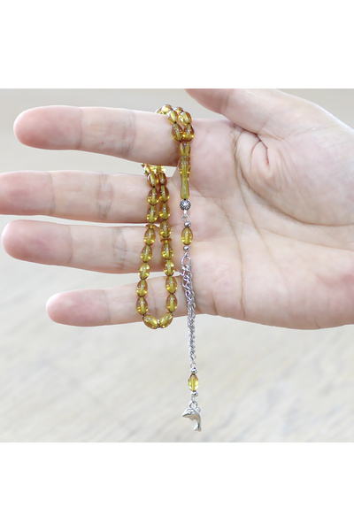 Tesbihane Fire Amber Prayer Beads - Non-Tarnish Metal Tassel - Wrist Length - Yellow Color - Barley Cut