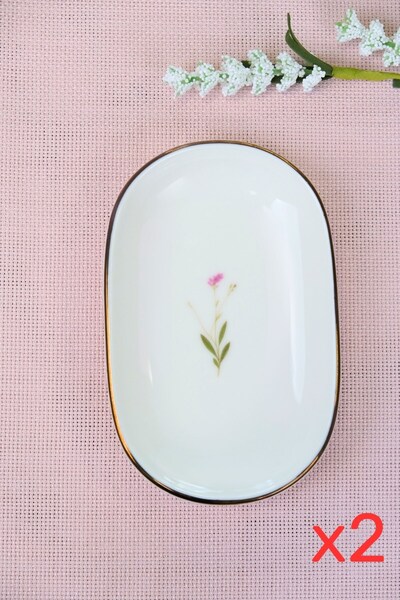 tabakevi Tabak Evi Porcelain Natura Broadcloth Gold Gilded Oval Boat-Shaped Tray 14X9X2.50Cm 2 Pieces