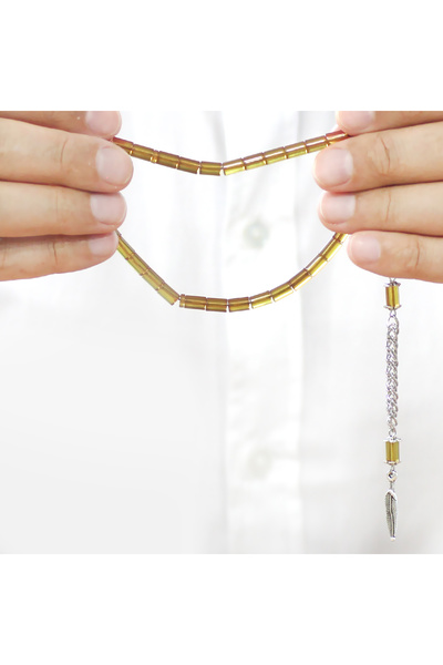 Tesbihane Fire Amber Prayer Beads - Non-Tarnish Metal Tassel - Wrist Length - Yellow Color - Cut Cut