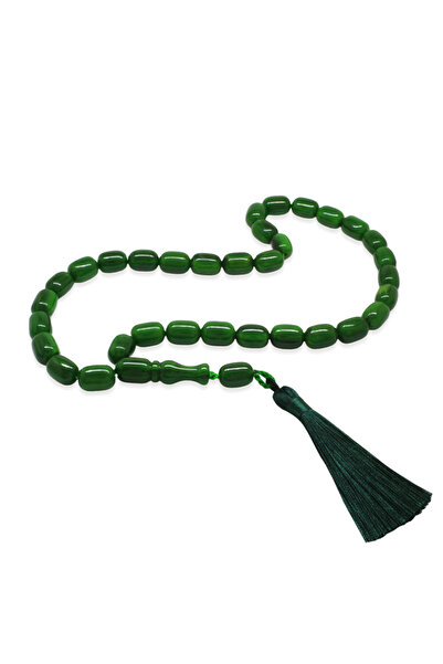 Tesbihane Ottoman Palace Tassel Rod Crimped Amber Prayer Beads Maxi Size Maroon Green Capsule Cut
