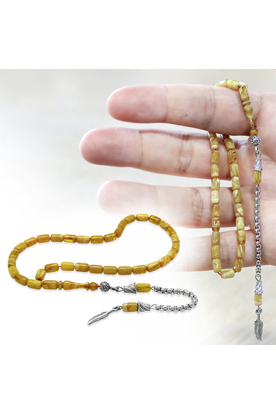 Tesbihane Fire Amber Prayer Beads - Non-Tarnish Metal Tassel - Wrist Length - Yellow and White Color - Capsule Cut