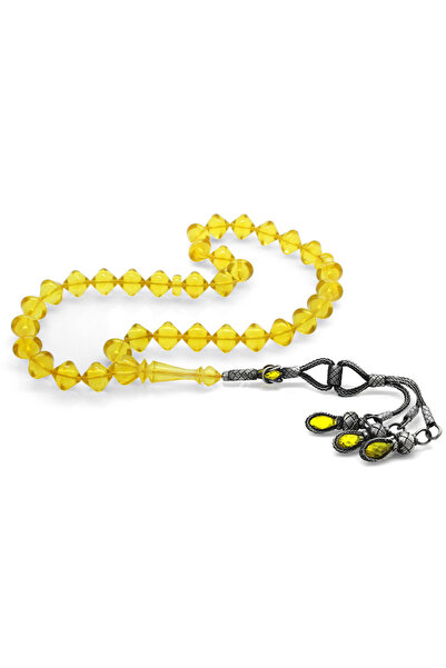 Tesbihane Premium Boxed 1000 Sterling Silver Kazaz Tassel Istanbul Cut Soft Yellow Large Size Drop Amber Prayer Beads