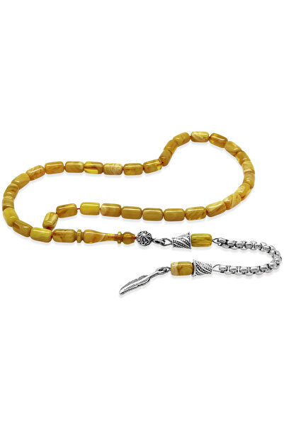 Tesbihane Fire Amber Prayer Beads - Non-Tarnish Metal Tassel - Wrist Length - Yellow and White Color - Capsule Cut