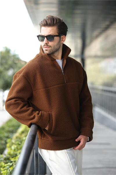 Madmext Kahverengi Yarım Fermuarlı Dik Yaka Polar Sweatshirt E7165