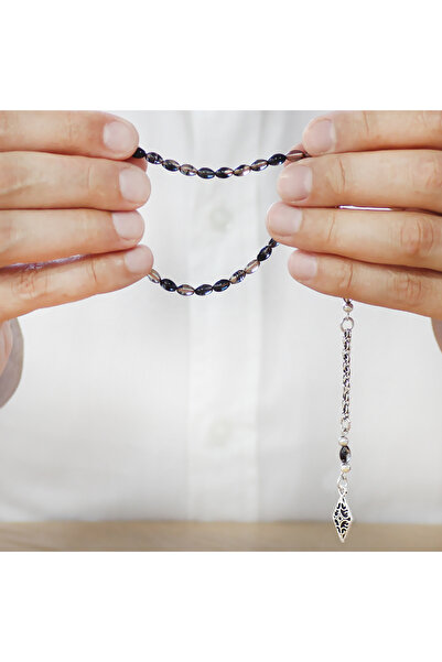 Tesbihane Fire Amber Prayer Beads - Non-Tarnish Metal with Albanian Tassels - Wrist Length - Black and White Color - Barley Cut