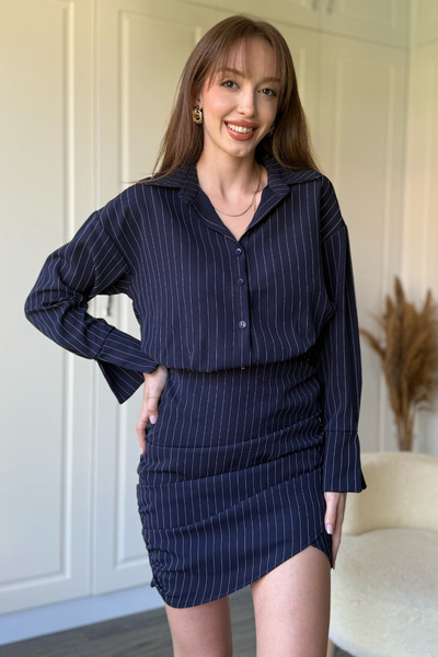 Dilay Gökoğlu Butik Çizgili Lacivert Gömlek Elbise