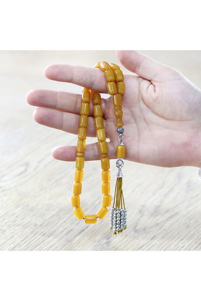 Tesbihane Stick Crimped Amber Prayer Beads - Ottoman Palace Tassels - Yellow Color - Capsule Cut