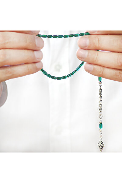 Tesbihane Fire Amber Prayer Beads - Non-Tarnish Metal with Albanian Tassels - Wrist Length - Green Color - Capsule Cut
