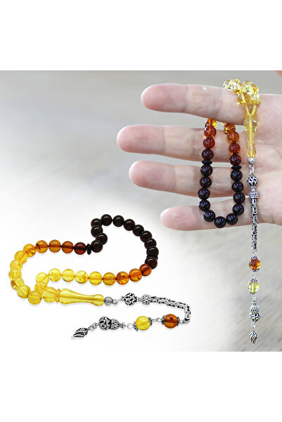 Tesbihane Damla Kehribar Tesbih - 925 Ayar Gümüş Kral Zincirli - Süzme Sarı K...