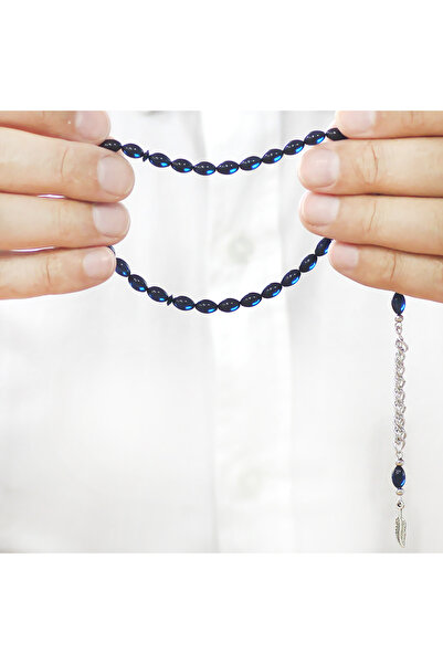 Tesbihane Stretchable Amber Prayer Beads - Non-Tarnish Metal Tassel - Wrist Length - Navy Blue Color - Barley Cut