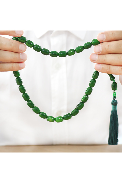 Tesbihane Ottoman Palace Tassel Rod Crimped Amber Prayer Beads Maxi Size Maroon Green Capsule Cut