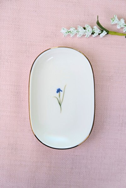 tabakevi Tabak Evi Porcelain Natura Iris Gold Gilded Oval Boat-Shaped Tray 14X9X2.50Cm Single