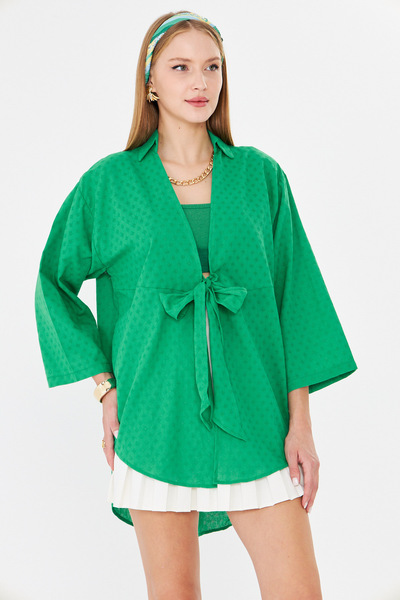 armonika Women's Green Front Tie Kimono Shirt Arm-25Y001108