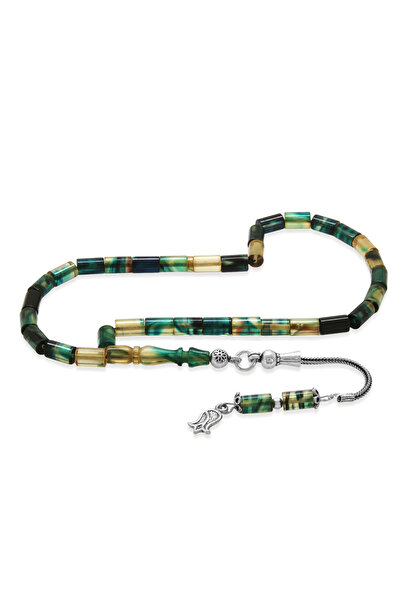 Tesbihane Ateş Kehribar Tesbih - 925 Ayar Gümüş Püsküllü - Bilek Boy - Mavi Beyaz Renk - Kesme Kesim