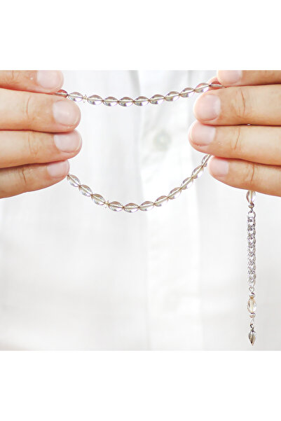 Tesbihane Fire Amber Prayer Beads - Non-Tarnish Metal Tassel - Wrist Length - Transparent White Color - Barley Cut
