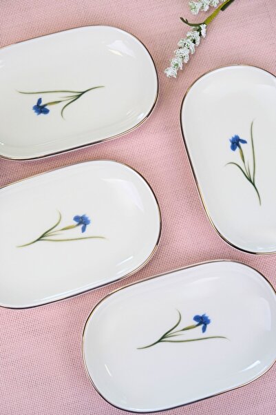tabakevi Tabak Evi Porcelain Natura Iris Gold Gilded Oval Boat Plate 18X11X2,50Cm 4 Pcs