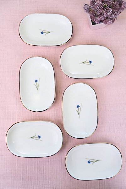 tabakevi Tabak Evi Porcelain Natura Iris Gold Gilded Oval Boat-Shaped Tray 14X9X2.50Cm 6 Li