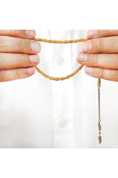 Tesbihane Fire Amber Prayer Beads - Non-Tarnish Metal Tassel - Wrist Length - Yellow and White Color - Capsule Cut