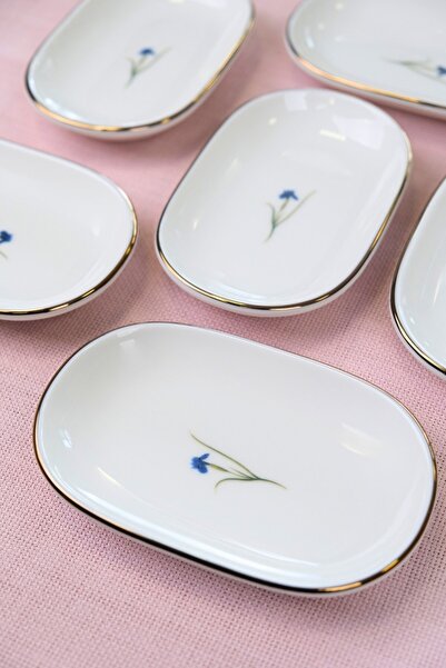 tabakevi Tabak Evi Porcelain Natura Iris Gold Gilded Oval Boat-Shaped Tray 14X9X2.50Cm 6 Li