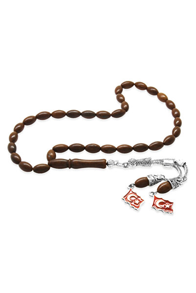Tesbihane Non-Tarnish Metal Crescent and Star Tassel Dark Brown Barley Cut Kuka Prayer Beads