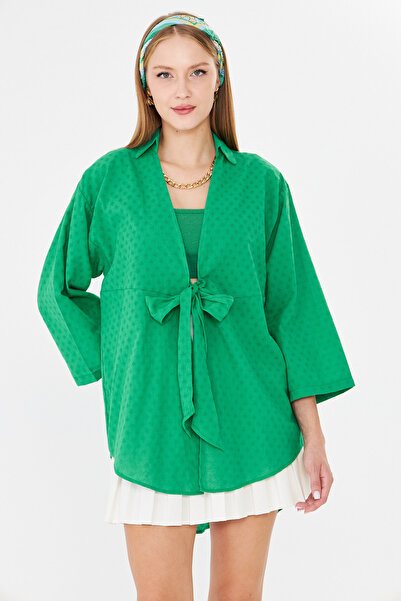 armonika Women's Green Front Tie Kimono Shirt Arm-25Y001108