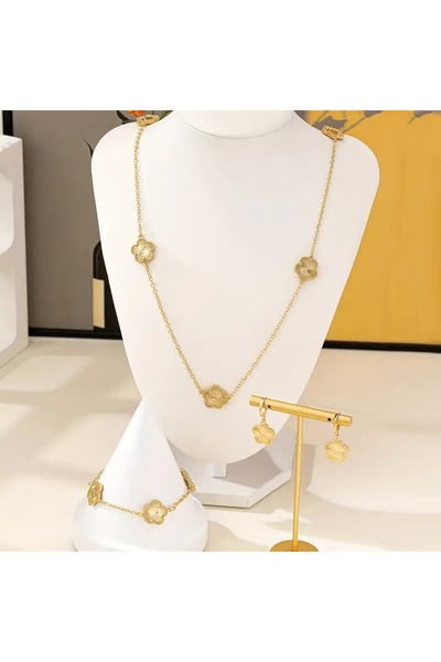 Ayzen şık dört parçalı yonca kolye küpe bilezik seti