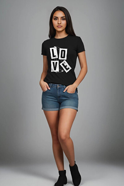 LOVE Baskılı SlimFit Bisiklet Yaka Siyah Tişört