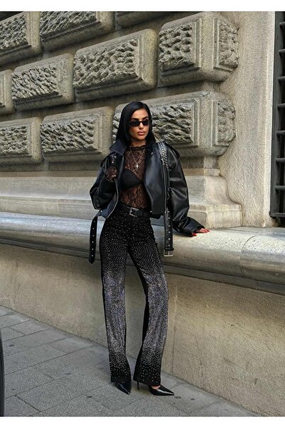 GLAMMOSS L'Atelier Taş Detaylı Siyah Yüksek Bel Palazzo Jean GLM-586