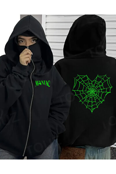 Toum Μαύρη ζακέτα με κουκούλα με φερμουάρ, με λεπτομέρειες μάσκας Stray Kids