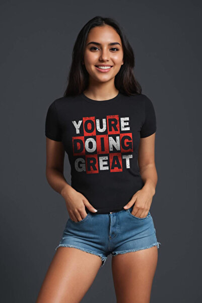 You're Doing Great Baskılı Slim Fit Siyah Kadın Tişört