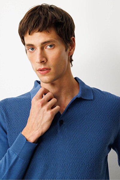 Desen Triko Ανδρικό πλεκτό πουλόβερ με λαιμόκοψη πόλο με διαμάντια στο μπροστινό μέρος H.Blue