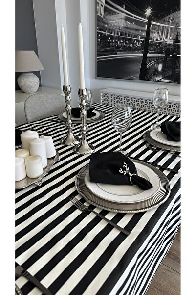 Decamor home Leke Tutmaz Sıvı Geçirmez Siyah Beyaz Çizgili Dertsiz Masa Örtüsü