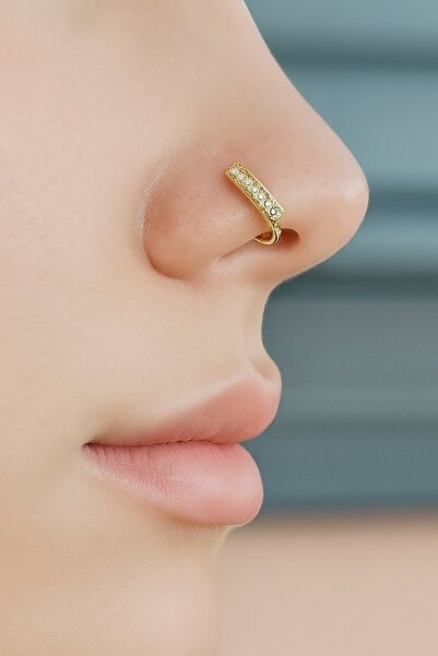 TAKIŞTIR Altın Renk Taş Detaylı Sıkıştırmalı Deliksiz Hızma Cerrahi Çelik Piercing (Tek)