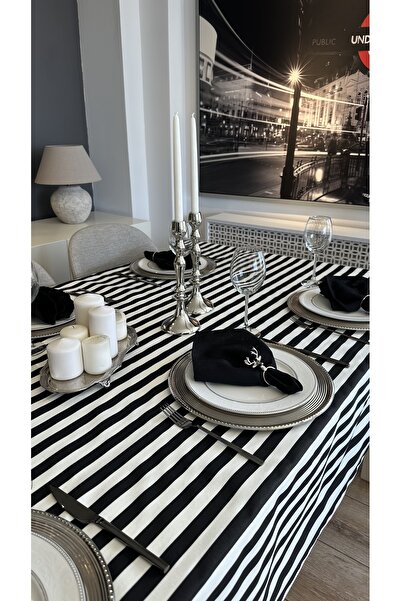 Decamor home Leke Tutmaz Sıvı Geçirmez Siyah Beyaz Çizgili Dertsiz Masa Örtüsü